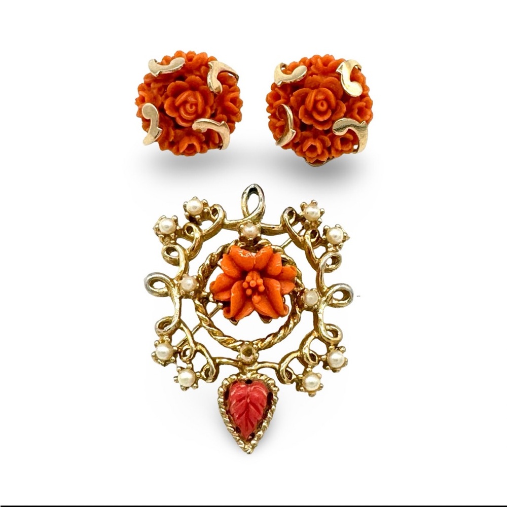 Vintage 1960s Rose Brooch and Earring Set